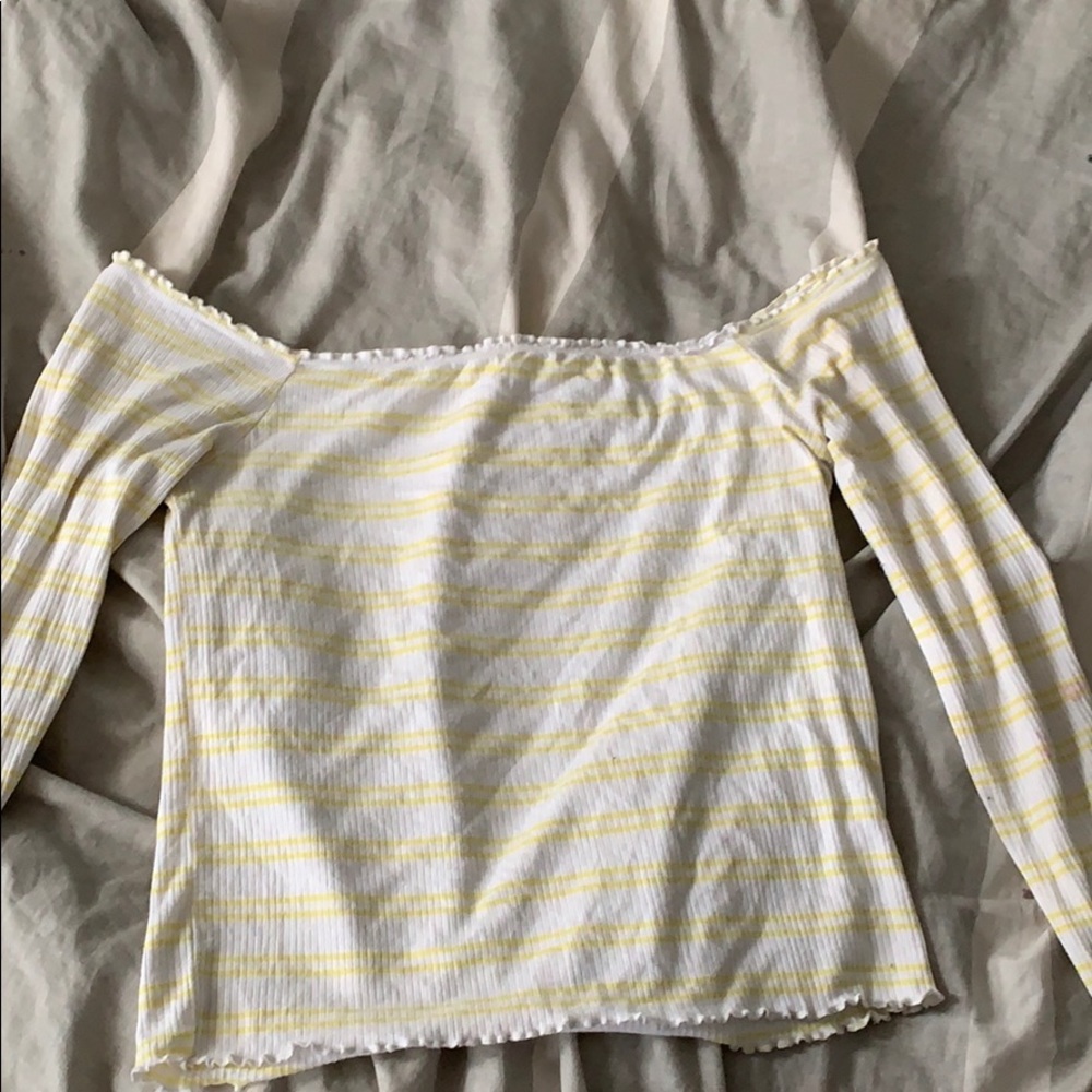 off the shoulder shirt, yellow and white